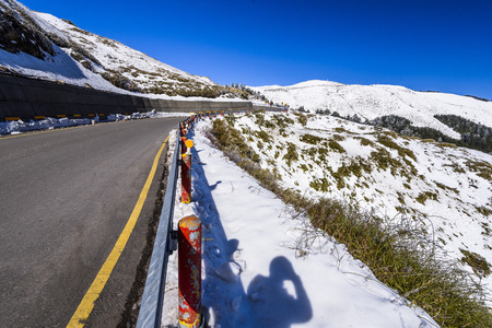 Mountain with snow and ice on road in Mt. Hehuan, Taiwan, Asia.の写真素材