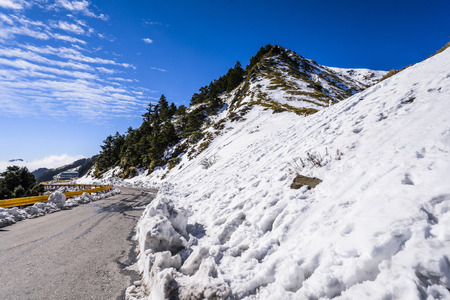 Mountain with snow and ice on road in Mt. Hehuan, Taiwan, Asia.の写真素材