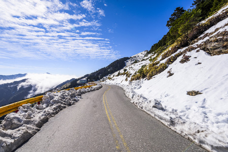 Mountain with snow and ice on road in Mt. Hehuan, Taiwan, Asia.の写真素材