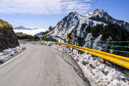 Mountain with snow and ice on road in Mt. Hehuan, Taiwan, Asia.の写真素材