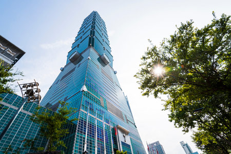 Taipei 101 skyscraper in Taipei, Taiwan. The district is a prime shopping area in Taipei, anchored by a number of department stores and malls.のeditorial素材
