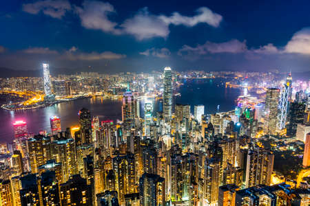 panoramic night view of Hong Kong from the Victoria peak in Hong Kong.のeditorial素材