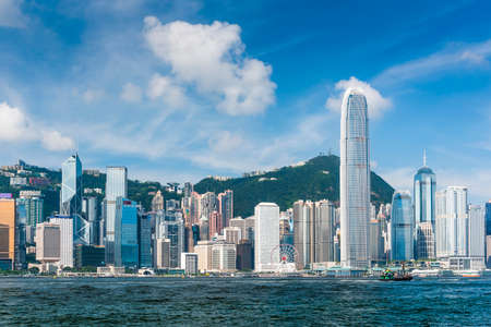 Panoramic cityscape view from Victoria Harbour in Hong Kong. International Finance Center(IFC)のeditorial素材