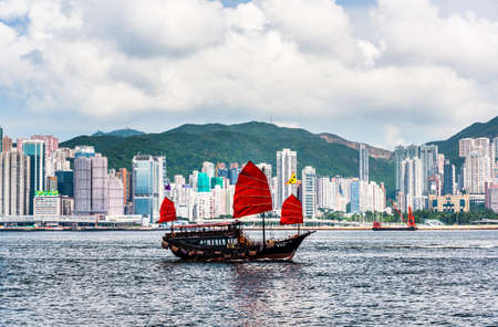 Ancient Chinese sail ship of Duk Ling in Victoria Harbour, Hong kong.のeditorial素材