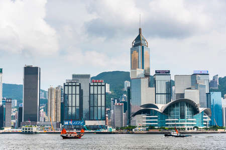 Hong Kong cityscape, View From Victoria Harbour. Hong Kong Convention and Exhibition Centre.のeditorial素材