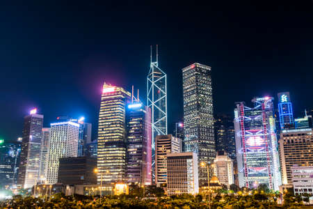 night view of Hong Kong Central modern business buildings in China, Asia.のeditorial素材