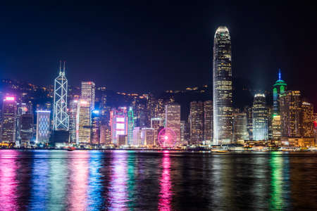 Nightscape and Skyline of Urban Architecture in Victoria Harbour, Hong Kong. International Finance Center(IFC) in Hong Kong.のeditorial素材
