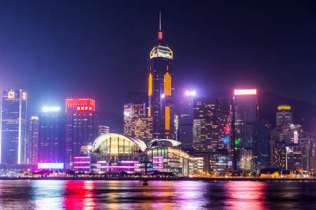 Hong Kong Convention and Exhibition Centre. Panorama of Victoria Harbor of Hong Kong island.のeditorial素材