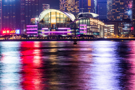 Hong Kong Convention and Exhibition Centre. Panorama of Victoria Harbor of Hong Kong island.