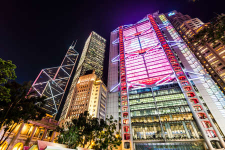 night view of Hong Kong modern business buildings in China, Asia.のeditorial素材