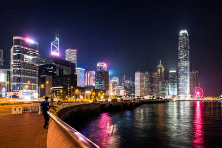 night view of modern business buildings in Central, Hong Kong.のeditorial素材