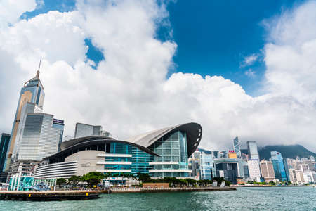 Hong Kong Convention and Exhibition Centre. Panorama of Victoria Harbor of Hong Kong island.のeditorial素材