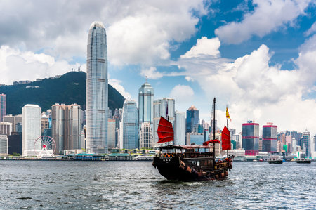 Ancient Chinese sail ship of Duk Ling in Victoria Harbour, Hong kong.のeditorial素材