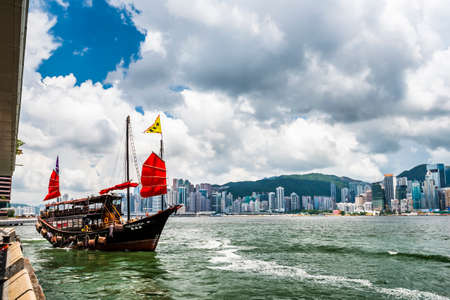 Ancient Chinese sail ship of Duk Ling in Victoria Harbour, Hong kong.のeditorial素材