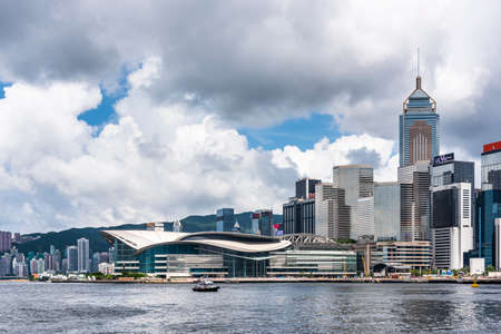 Hong Kong Convention and Exhibition Centre. Panorama of Victoria Harbor of Hong Kong island.のeditorial素材