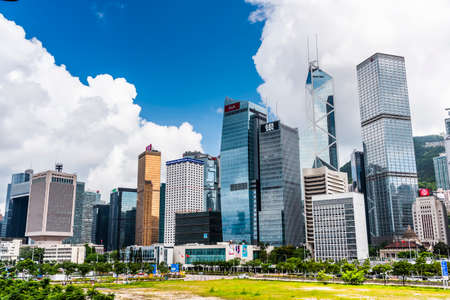 Modern business buildings with blue sky in Central, hong kong.のeditorial素材