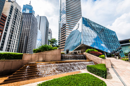 low angle view of modern office block buildings in Central, Hong Kong.