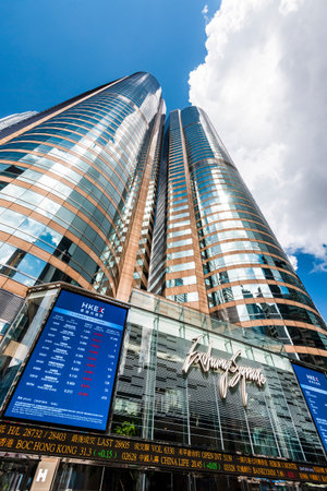The Forum (podium level) of Exchange Square with skyscrapers in the background. It houses numerous...