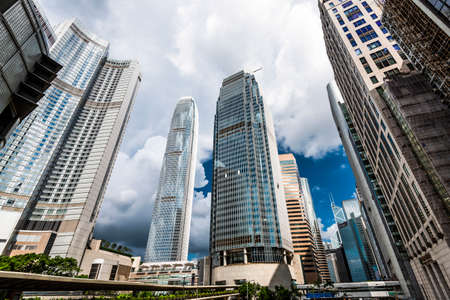 low angle view of modern office block buildings in Central, Hong Kong.のeditorial素材