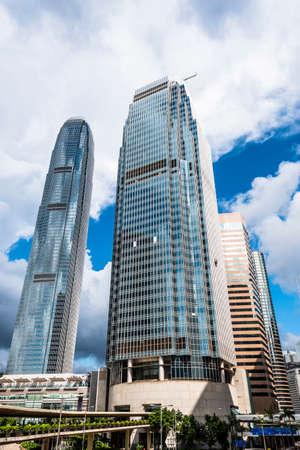 low angle view of modern office block buildings in Central, Hong Kongのeditorial素材