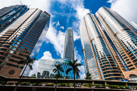 low angle view of modern office block buildings in Central, Hong Kong, International Finance Center(IFC) in Hong Kong.のeditorial素材