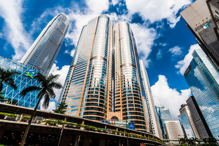 low angle view of modern office block buildings in Central, Hong Kong, International Finance Center(IFC) in Hong Kong.のeditorial素材