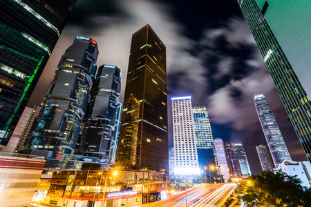 night view of Hong Kong Central modern business buildings in Hong Kong, Asia.のeditorial素材