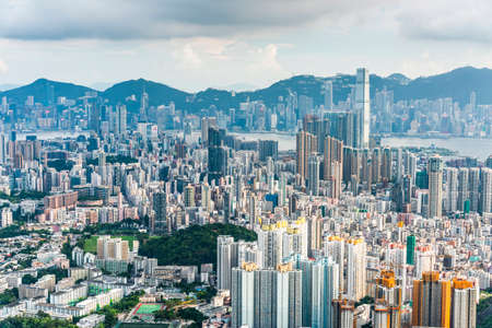 Panorama aerial view of Hong Kong Kowloon crowded buildings in China.のeditorial素材