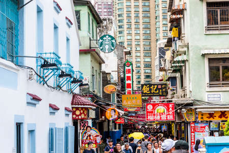 The famous food street at Rua do Cunha with traditional Europe Style house at Taipa Village Macau.のeditorial素材