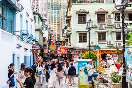 The famous food street at Rua do Cunha with traditional Europe Style house at Taipa Village Macau.のeditorial素材