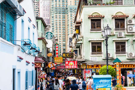 The famous food street at Rua do Cunha with traditional Europe Style house at Taipa Village Macau.のeditorial素材