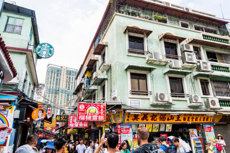 The famous food street at Rua do Cunha with traditional Europe Style house at Taipa Village Macau.のeditorial素材