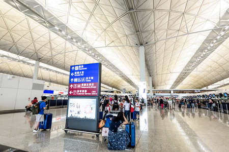 Arrival Hall in Hong Kong International Airport in Hong Kong, China. It handles more than 70 million passengers per yearのeditorial素材