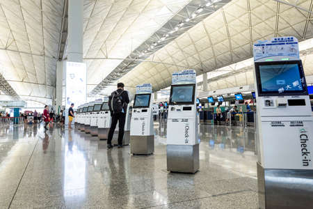 Arrival Hall in Hong Kong International Airport in Hong Kong, China. It handles more than 70 million passengers per yearのeditorial素材