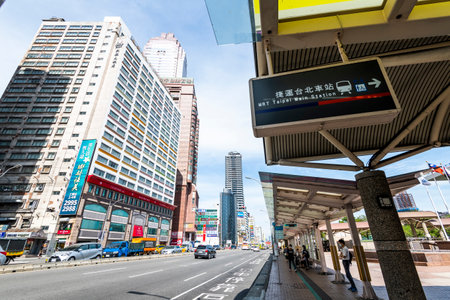 low angle view of the bus stop in front of Taipei Main Station, Taiwan.のeditorial素材