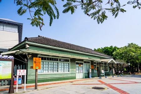 wooden building view of Beimen railway station in Chiayi, Taiwan.のeditorial素材