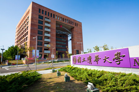 Low angle view of the National Tsing Hua University (NTHU) in Hsinchu City, Taiwan. here is a research university in Hsinchu City, Taiwan.のeditorial素材