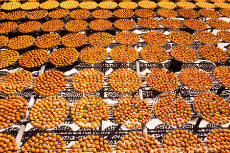 Process of Making Dried Persimmon during Windy Autumn in Hsinpu (With Chinese Name of the Factory"Wei Wei Gia") , Hsinchu, Taiwan.の写真素材