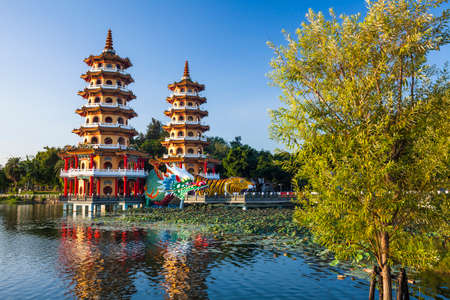 Architecture view of the Dragon and Tiger Pagodas in Lotus Pond of Kaohsiung, Taiwan. it is a temple located at Lotus Pond in Zuoying District, Kaohsiung, Taiwan.のeditorial素材
