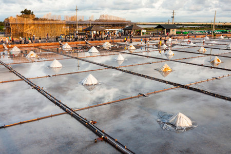 An overlook view of the Jingzaijiao Tile- Paved Salt Fields in Tainan, Taiwan.のeditorial素材