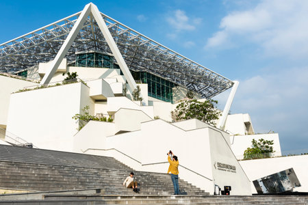 The architectural landscape of Tainan Art Museum 2 BLDG in Taiwan, Asia, Was designed and completed by a Japanese architect.のeditorial素材