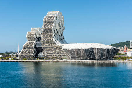 Building view of Kaohsiung Music Center in Taiwan. The white hexagonal building structure on the shore of Kaohsiung Port.のeditorial素材