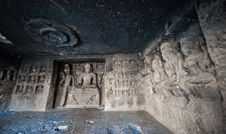 Ellora Caves UNESCO World Heritage Site. Statue of big Buddha, sanctuaries devoted to Buddhism, Hinduism and Jainism. Temples and monasteries near Aurangabad.のeditorial素材