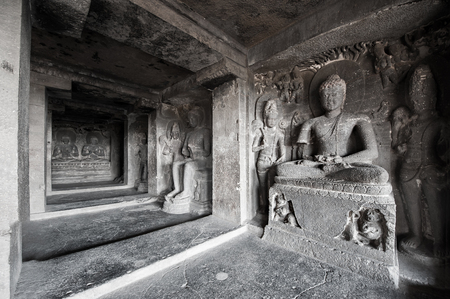 Ellora Caves UNESCO World Heritage Site. Statue of big Buddha, sanctuaries devoted to Buddhism, Hinduism and Jainism. Temples and monasteries near Aurangabad.のeditorial素材