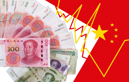International Currency, Asian Bank Note, Chinese Yuan with flag and line graphsの写真素材