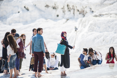 PAMUKKALE, TURKEY - APRIL 12, 2015: Turquoise water travertine pool terrace at pamukkaleのeditorial素材