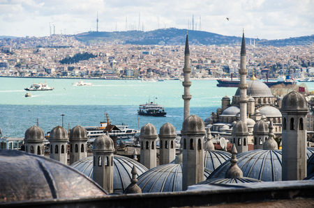 Image shooting on the top of domes of Suleymaniye Mosque, background is the town and Bosphorus Strait, Istanbul, Turkeyのeditorial素材