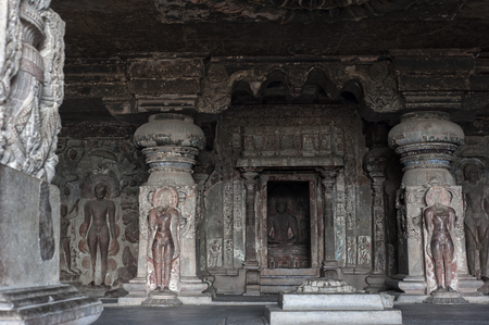 Ellora Caves UNESCO World Heritage Site. Statue of big Buddha inside, sanctuaries devoted to Buddhism, Hinduism and Jainism. Temples and monasteries near Aurangabad District, Maharashtra State, India.のeditorial素材