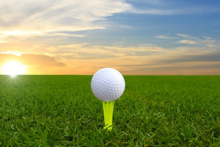 White golf ball on greenの写真素材