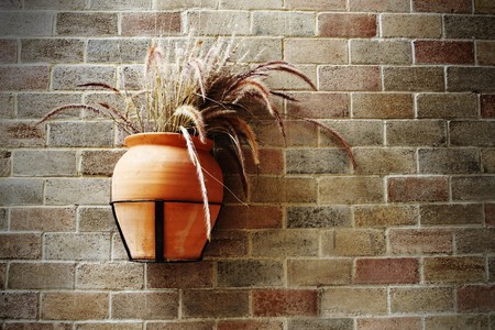 Old grasspot on brick wallの写真素材